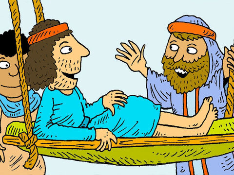 Com cuidado, eles abaixaram o homem em cordas. As pessoas se afastaram para dar espaço. Ele ficou em frente de Jesus! Jesus sorriu para ele. – Slide número 6
