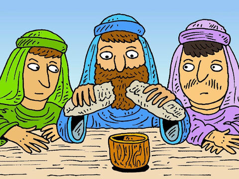 Jesus pegou o pão asmo e o partiu. Eles o compartilharam. Eles compartilharam o suco de uva também. Jesus disse:<br/>– Sempre que fizerem isso, lembrem-se de mim.<br/>Na igreja, chamamos isso de Ceia. – Slide número 8