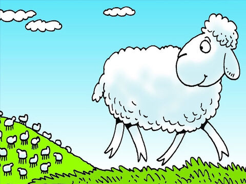 Todos os dias o fazendeiro levava suas ovelhas para encontrar pasto novo para comer. Certo dia, uma ovelhinha se afastou, sozinha. – Slide número 3