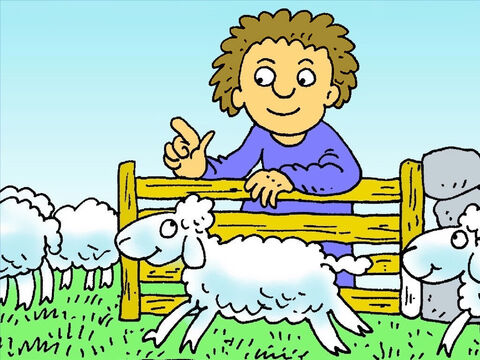 Naquela noite o pastor contou suas ovelhas. Havia apenas noventa e nove! Uma ovelha havia se perdido! – Slide número 4