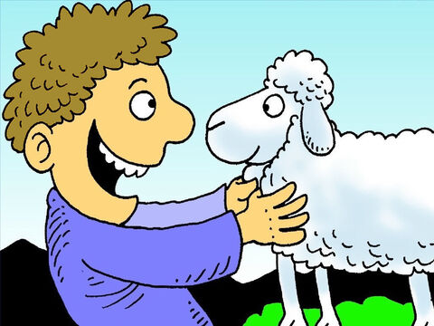 O pastor ouviu a ovelhinha.<br/>– Estou tão feliz de ter encontrado você! – Ele disse. Você é minha ovelhinha preciosa.<br/>Jesus também sente o mesmo por você! – Slide número 8