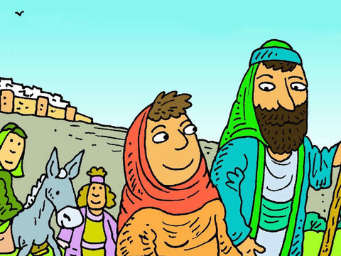 Quando era hora de voltar para casa, todas as famílias foram juntas. José e Maria acharam que Jesus estava andando com alguns de Seus amigos. – Slide número 5