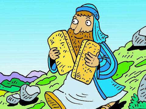 Moisés subiu novamente a montanha, com duas pedras novas. Deus deu a Moisés novamente as regras. <br/>– Diga ao povo que cumpra essas regras – disse Deus. – Slide número 5
