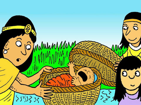 A filha do faraó e suas servas encontraram o bebê hebreu e se compadeceram deles porque ele tinha fome e chorava.<br/>– Quer que eu peça a uma mãe hebreia que o alimente? – perguntou Miriã. – Slide número 6