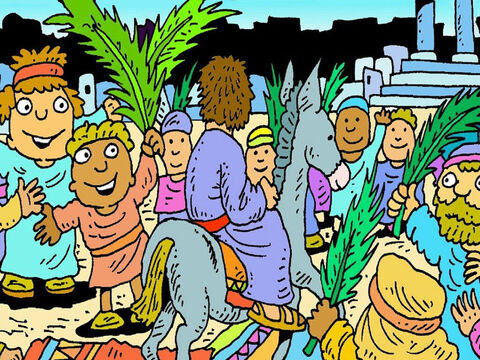 Todos estavam felizes em ver Jesus.<br/>– Hosana ao Rei! – gritavam enquanto Jesus seguia na estrada para a cidade de Jerusalém. – Slide número 7
