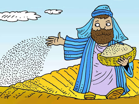 Jesus contou a história de um fazendeiro que lançou algumas sementes em um campo. Ele queria que as sementes crescessem bem, para que ele tivesse uma grande colheita. – Slide número 2