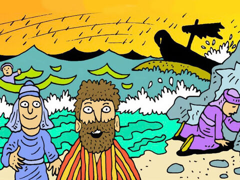 Nadando ou flutuando em pedaços de madeira, todos chegaram a salvo à praia, como Deus havia dito a Paulo. Todos os 276 foram salvos naquele dia! – Slide número 7