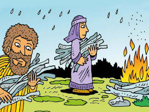 Eles encontraram madeira para fazer uma fogueira quentinha e se secar. Paulo ajudou a reunir os galhos também, enquanto chovia. – Slide número 2