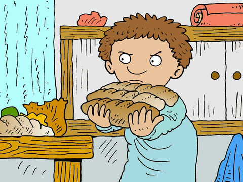 Com o tempo, o homem da casa não aguentou mais. Ele se levantou da cama e foi à cozinha para dar ao seu vizinho o pão que ele precisava. – Slide número 6