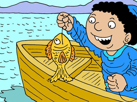 Pedro havia pescado toda a sua vida e nunca pegara um peixe com dinheiro na boca! Mas, ele fez exatamente como Jesus lhe ordenara e logo pegou um peixe! – Slide número 6
