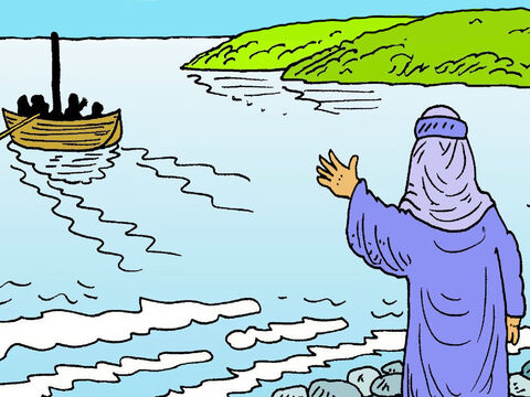 Jesus mandou Seus discípulos e Pedro atravessarem para o outro lado do lago em um barco. Ele queria ficar sozinho para descansar e orar. Ele tinha falado com muitas pessoas o dia inteiro. – Slide número 1
