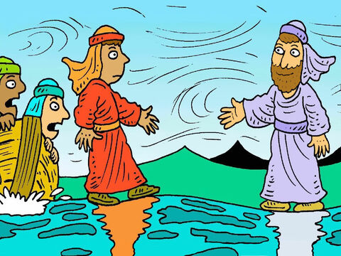 Jesus disse: <br/>– Não tenham medo, sou eu.<br/>Pedro não podia acreditar no que ele estava vendo e disse: <br/>Se é o Senhor, Jesus, então me mande ir até o Senhor na água. – Ele se levantou do barco e começou a andar, na água, em direção a Jesus. – Slide número 4