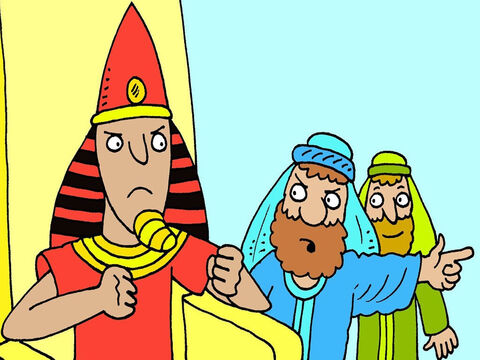 Deus manda Moisés e Arão para dizer ao Faraó deixar Seu povo ir para casa.<br/>– Se você se recusar – Arão disse, – Deus vai mandar terríveis pragas até que você faça isso.<br/>Mas o Faraó era teimoso e não dava ouvidos. – Slide número 3
