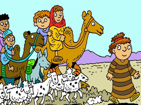 Jacó colocou suas esposas e filhos sobre camelos e todos partiram sem se despedir. Labão estava ocupado tosquiando suas ovelhas e não sentiu a falta deles por três dias. – Slide número 3