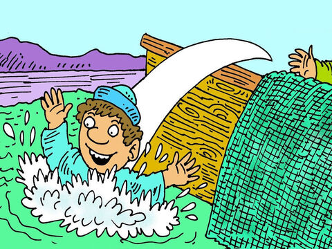 Pedro logo vestiu sua roupa de pesca e nadou para a praia. Ele ficou tão feliz em ver Jesus vivo! Essa era a terceira vez que Jesus foi visto depois de ter ressuscitado dos mortos. – Slide número 7