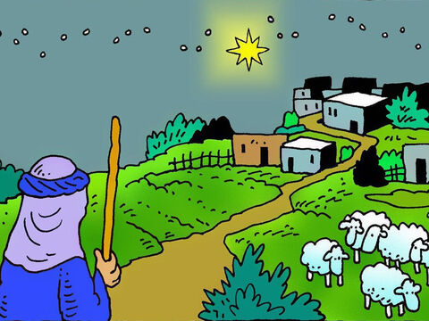 Na noite em que Jesus nasceu em Belém, alguns pastores estavam em campos ali perto. Eles estavam sentados, silenciosamente observando suas ovelhas, para garantir que elas estariam a salvo. – Slide número 2