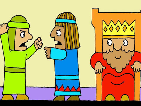 Quando as pessoas discutiam e uma achava que a outra estava errada, elas iam falar com o rei Salomão, e ele sempre tinha uma resposta certa, justa e sábia. – Slide número 4