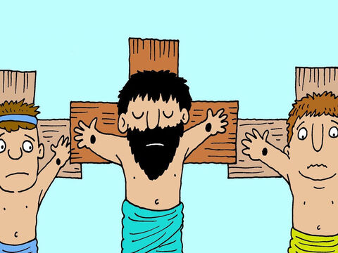 Jesus foi crucificado em uma cruz entre dois homens maus, que estavam sendo punidos por roubar coisas das outras pessoas. – Slide número 2