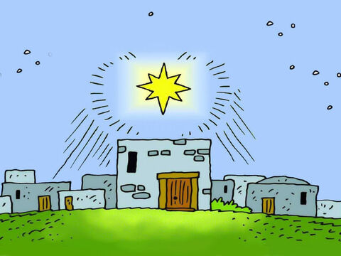 Então os sábios foram em direção a Belém. Eles viram a estrela brilhando no Leste e foram para lá, até que ela ficou exatamente em cima da casa em que Maria e o pequeno Jesus estavam morando. – Slide número 5