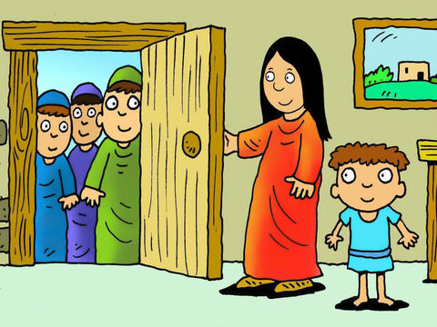 Quando Maria abriu a porta, ela ficou surpresa ao ver estrangeiros tão importantes vindos de longe. Eles lhe disseram que tinham ido ao palácio do rei Herodes para tentar encontrar o bebê recém-nascido! – Slide número 6