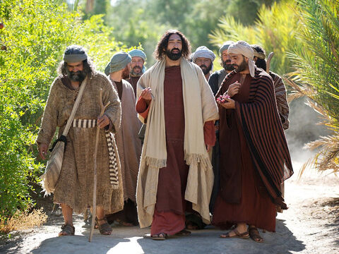 Jesus, Seus discípulos e uma grande multidão se aproximavam da cidade de Jericó a caminho de Jerusalém. – Slide número 1