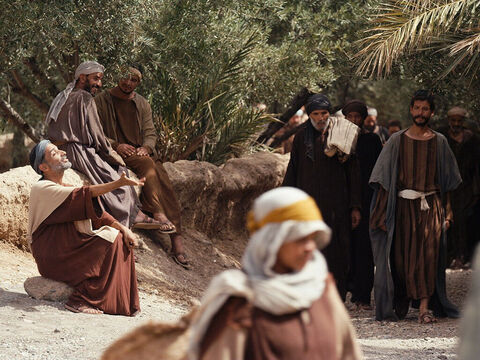 Quando Bartimeu ouviu que Jesus de Nazaré estava na multidão que se aproximava dele, começou a gritar: <br/>– Jesus, Filho de Davi, tem piedade de mim! – Slide número 3