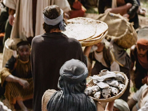 Jesus lhes disse:<br/>– Quantos pães vocês têm? <br/>Eles responderam: <br/>– Sete - e alguns poucos peixinhos. – Slide número 6