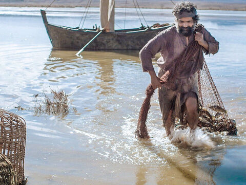 Às vezes, a rede com o peixe capturado era rebocada para águas rasas antes de ser puxada. Este método pode ter sido usado pelos discípulos em algumas narrativas bíblicas (Mateus 4:18 Marcos 1:16 Lucas 5:2-10 João 21:3-11). – Slide número 19