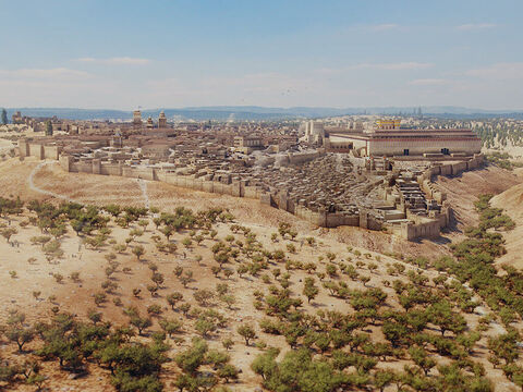 Uma vista de Jerusalém a partir do sul. Vale do Hinom em primeiro plano e vale do Cedrom, à direita. – Slide número 1