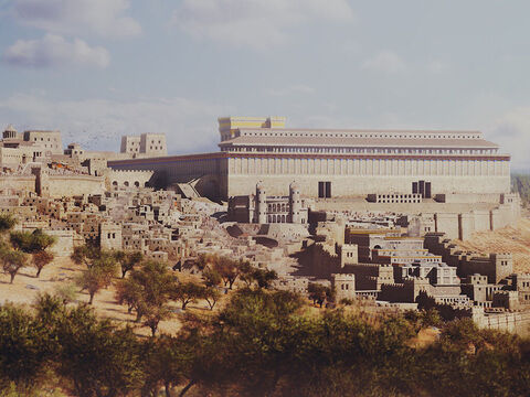 A cidade baixa de Jerusalém está em primeiro plano, com a muralha sul do Templo ao fundo. – Slide número 2
