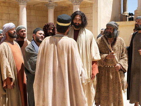 Jesus estava ensinando no templo e contou-lhes uma parábola. – Slide número 1