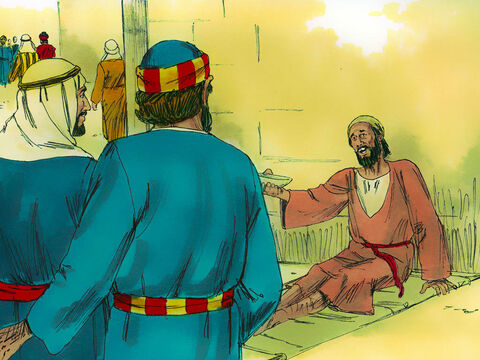 Quando o coxo viu Pedro e João entrando no Templo, pediu dinheiro a eles. – Slide número 2