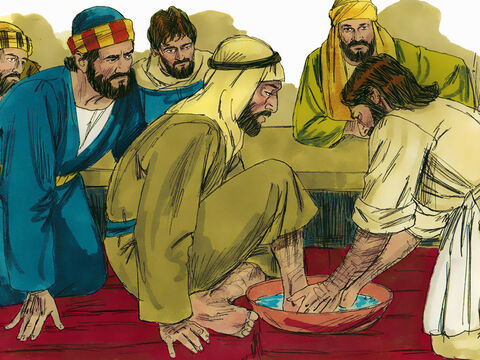 Quando Jesus e os discípulos chegaram, não havia um servo para lavar seus pés. Então Jesus derramou água em uma bacia e começou a lavar os pés dos discípulos e a enxugá-los com uma toalha. – Slide número 5