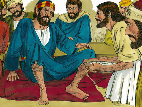 Pedro disse a Ele: “Mestre, você não devia lavar os nossos pés assim!” Jesus respondeu: “Você não entende agora por que estou fazendo isso, um dia você vai entender”. “Não”, protestou Pedro. “Você nunca me lavará os pés!” – Slide número 6