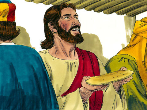 Enquanto comiam, Jesus tomou o pão e, depois de dar graças, partiu-o e deu-o aos seus discípulos, dizendo: “Este é o meu corpo dado por vós – Slide número 13