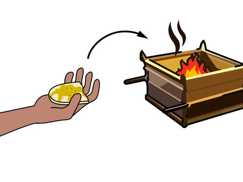 O sacerdote tirava um punhado da oferta coberta de azeite e incenso e a colocava sobre o altar para ser queimada pelo fogo. – Slide número 10