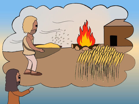 – Ele separará a palha do trigo, queimando a palha com um fogo que nunca se apagará e armazenando o trigo. – Slide número 15