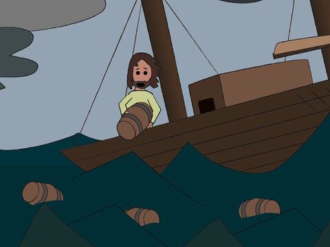 Os marinheiros assustados clamaram aos seus deuses por ajuda e jogaram a sobrecarga ao mar para aliviar o peso do barco. – Slide número 6