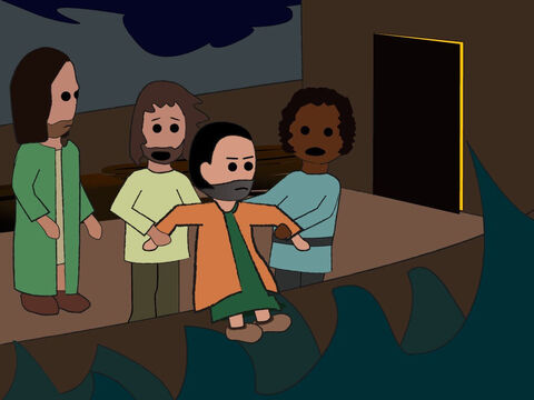 Então eles pegaram Jonas e o jogaram para fora do barco no mar furioso. – Slide número 15