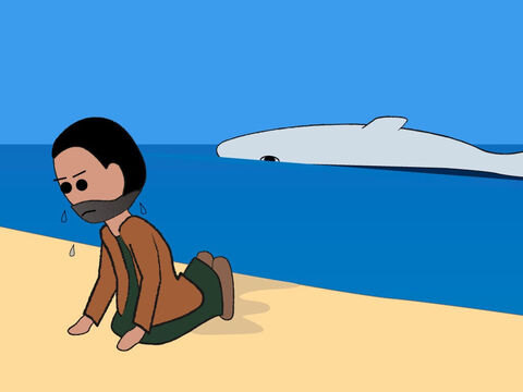 Então o Senhor ordenou ao peixe que cuspisse Jonas na praia, e ele obedeceu. – Slide número 19