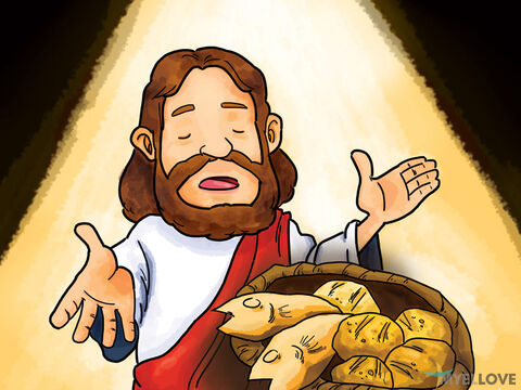 Jesus disse:<br/>– Digam às pessoas que se sentem na grama.<br/>Havia por volta de 5.000 homens que se sentaram na grama. Então Jesus tomou os cinco pães. Ele agradeceu a Deus pelo pão e o entregou às pessoas que estavam sentadas. Ele fez a mesma coisa com os peixes. – Slide número 3