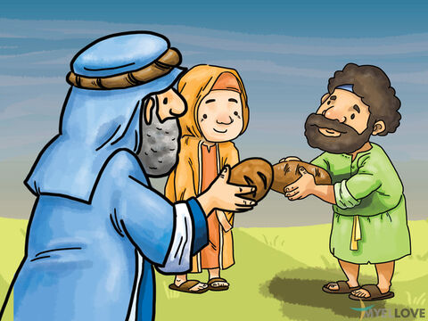 Os discípulos então distribuíram a comida às pessoas e todos tinham bastante comida para se alimentar. – Slide número 4