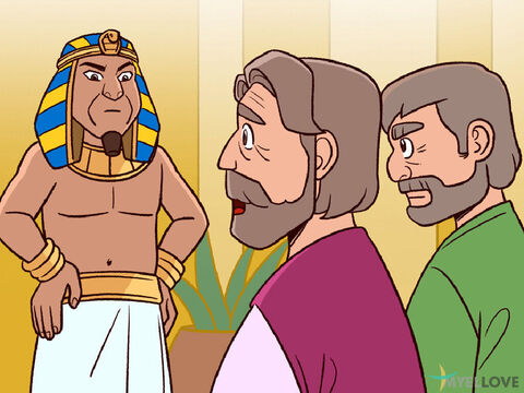 Moisés e Arão foram ao rei do Egito e lhe disseram:<br/>– O Senhor diz: Deixe meu povo ir ao deserto para que me adore com uma celebração. – Slide número 1