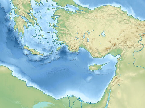 Mar Negro (acima, à direita), Mar Egeu (acima, ao centro), Ásia Menor (atualmente Turquia), Montes Taurus, deserto sírio (ao centro, à direita), delta do Nilo (abaixo, ao centro). – Slide número 4