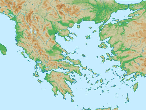 Mar Egeu com a Ásia Menor (Turquia) à esquerda, e a Grécia, à direita. Região da segunda e terceira viagens missionárias de Paulo. – Slide número 5