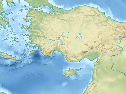 Mar Negro (acima, à direita), Mar Egeu (acima, à esquerda), Mar Mediterrâneo (centro), Ásia Menor (atualmente Turquia), Montes Taurus, deserto sírio (à direita). Região visitada por Paulo em todas as suas viagens missionárias. – Slide número 6
