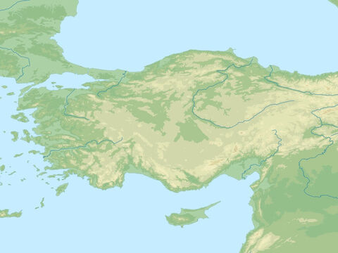 Mar Negro (acima, à direita), Mar Mediterrâneo (abaixo, à esquerda), Ásia Menor (atualmente Turquia), Monte Taurus, deserto sírio (à direita). Região visitada por Paulo em todas as suas viagens missionárias. – Slide número 7