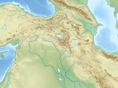 Mar Negro (acima, à direita), Mar Cáspio (acima, à esquerda), Mar Mediterrâneo (à esquerda), Cordilheira de Zagros, planície dos rios Eufrates e Tigre e península Arábica. Região dos antigos Impérios Assírio e Babilônico. – Slide número 9