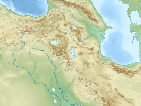 Mar Negro (acima, à direita), Mar Cáspio (acima, à esquerda), Cordilheira Zagros, planície dos rios Eufrates e Tigre e península Arábica. Região dos antigos Impérios Assírio e Babilônico. – Slide número 10