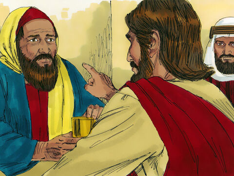 Jesus foi convidado para um banquete em sua homenagem em Betânia, perto de Jerusalém. Marta servia a comida. Lázaro comia à mesa com Jesus e Seus discípulos. – Slide número 3